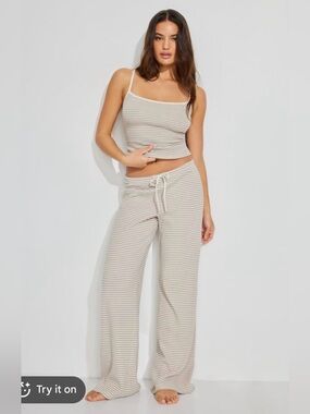 Striped Beige & White Ribbed Lounge Set - Cami & Wide Leg Pants